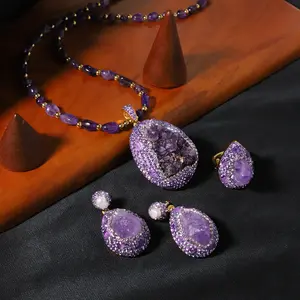 LUX-JEWEL - Natural Amethyst Zircon Necklace Ring Earring Set Women Luxury Jewelry Fashion Ladies And Girls Gift Set GS0198