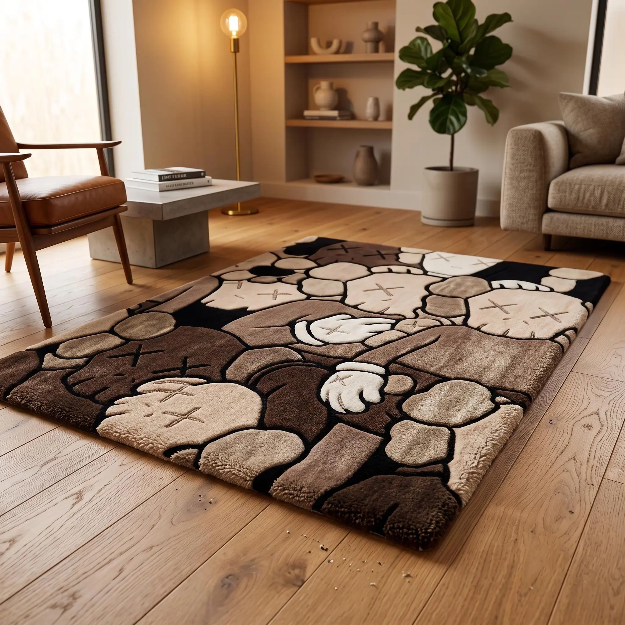 Custom Tufted Pop Art Area Rug, Mocha Brown Wool Carpet, Urban Floor Art for Hypebeast Streetwear Sneaker Room Decor