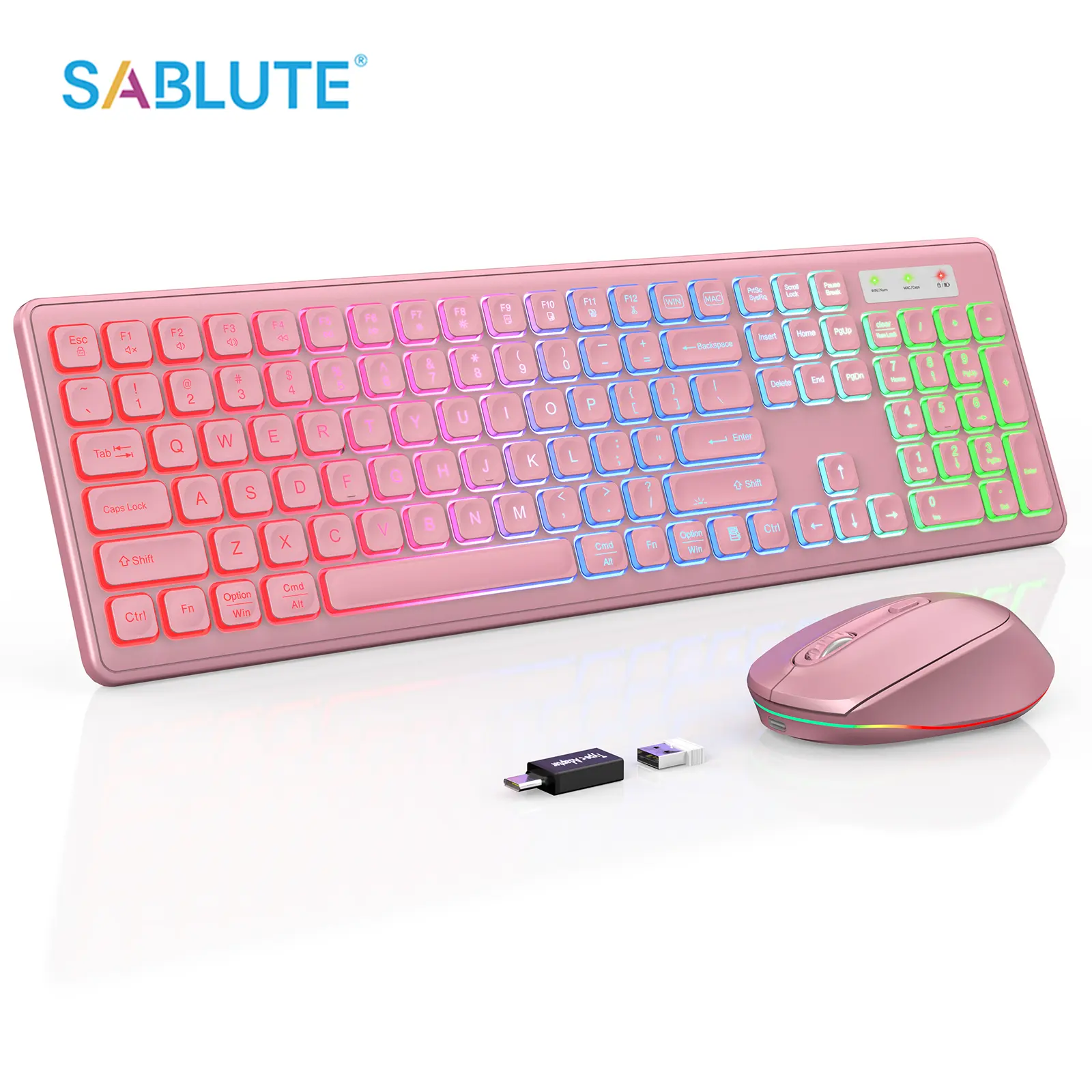 SABLUTE KL1 Wireless Keyboard and Mouse Backlit, Quiet Light Up Keys, Tilt Legs, Sleep Mode - Rechargeable USB Cordless Combo for Computer, iMac, PC, Laptop - by SABLUTE (Pink)