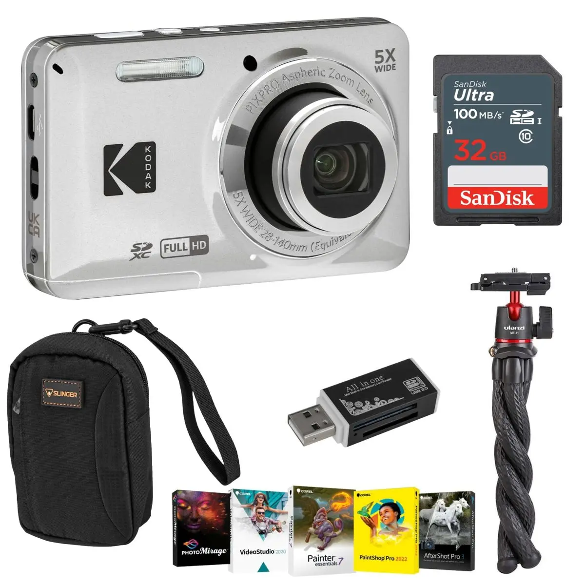 Kodak PIXPRO FZ55 Friendly Zoom Digital Camera (Silver) - Bundle with SD Card, Camera Bag, Tripod, Photo Editing Software, SD Card Reader, Camera Digital