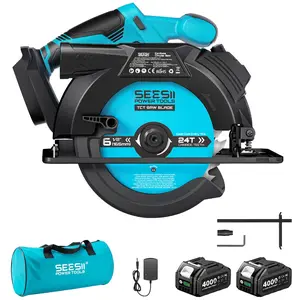 SeeSii MAX Circular Saw 6-1/2“, with Light, Laser Guide, Rechargeable, Includes 2x4Ah Batteries and Auxiliary Handle, 5200 RPM, 0-45° Bevel Angle, Portable with Adjustable Depth Circular Saw for Outdoor Work, Home DIY, and Professional Use CS610B