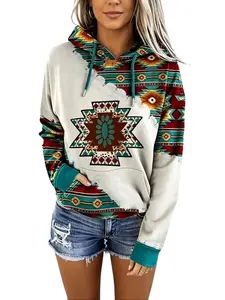 Women's Western Hooded Sweatshirt Featuring Aztec Tribal Graphic Shirt, Long Sleeve Drawstring Hoodie with Pocket, Vintage Ethnic Print Cowgirl Pullover for All Seasons