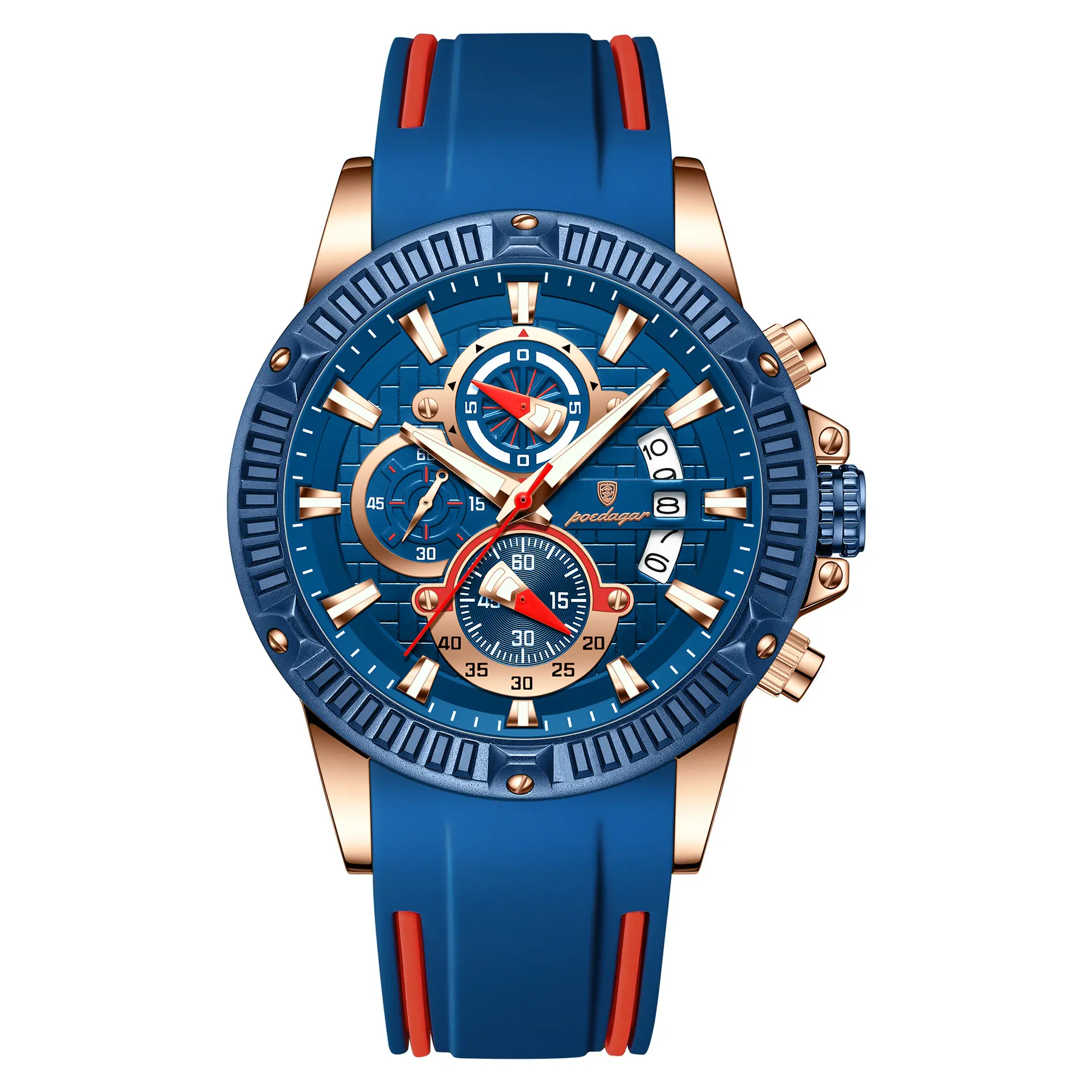 Men's Waterproof Multi-Function Sports Chronograph Watch with Date Blue Silicone Strap Rose Gold Accents