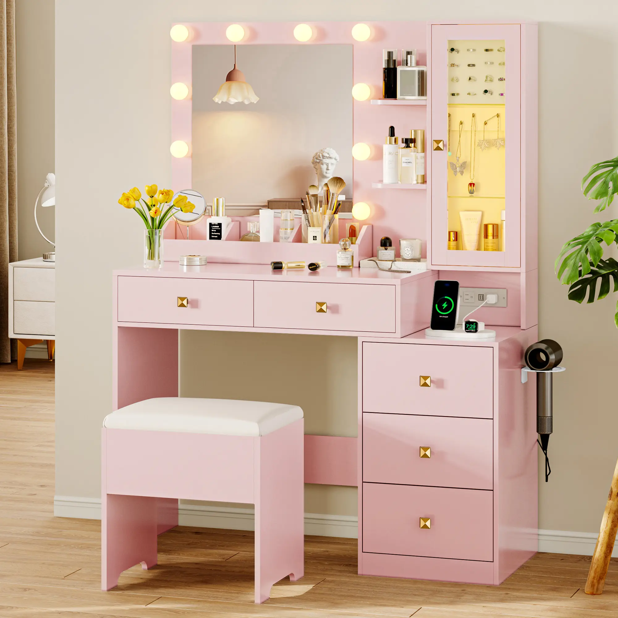 LED Lighted Vanity Table with Adjustable Mirror, 5 Storage Drawers, Built-in Power Outlet & Chair, RGB Lights - Indoor Makeup Vanity for Girls' Bedroom, Dresser Organization & Beauty Storage Solutions, Fathers Day Gift Idea, Adjustable Led Vanity Mirror M