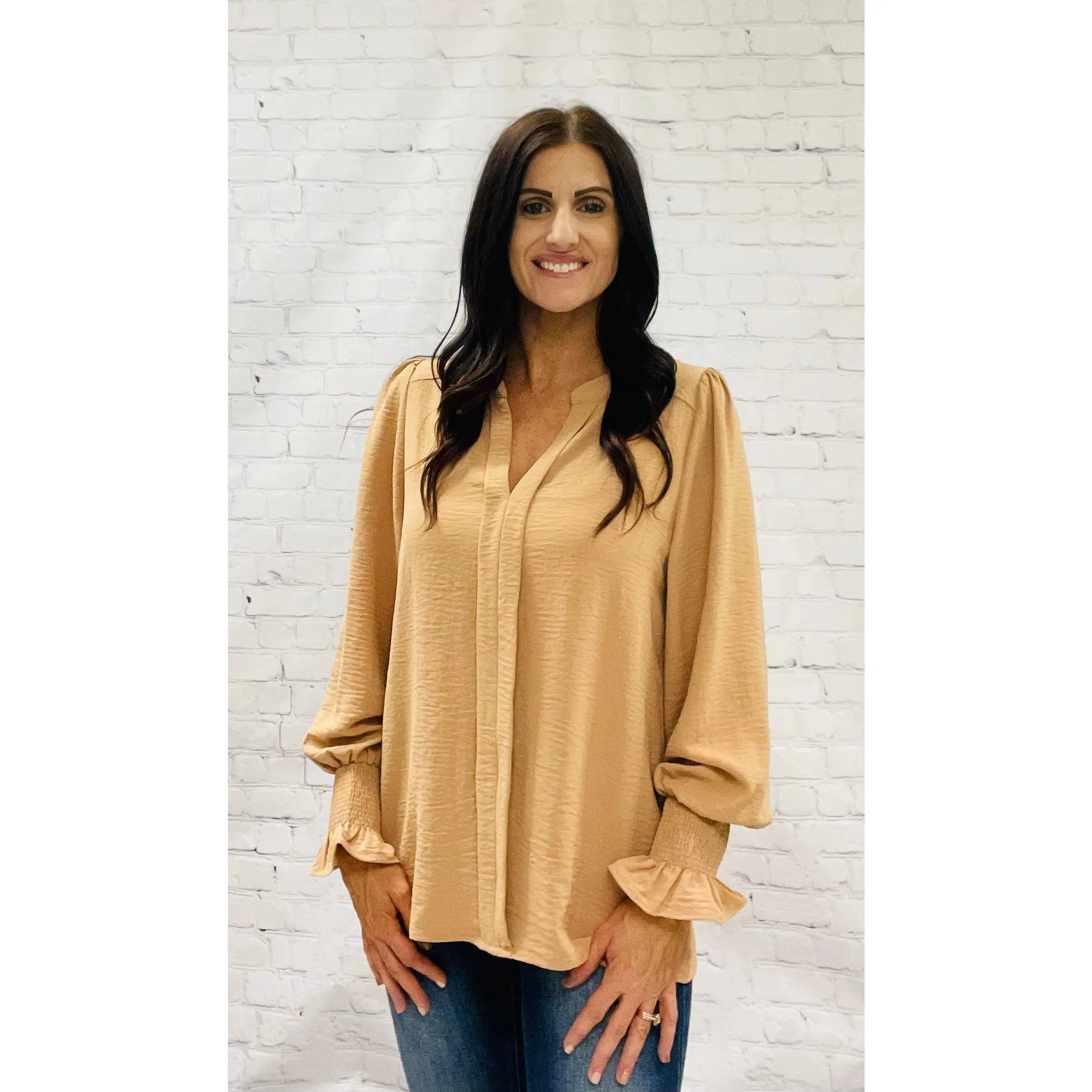 Long Sleeve Camel Colored Ruffle Blouse