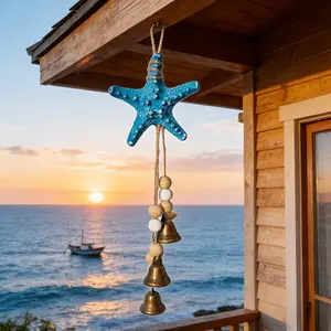 1pc Starfish Wind Chime With Bells - Suitable For Home, Patio, Porch Nautical Beach Decorations |   Blue Sea Star, Wooden Beads, Rustic Metal Bell |   Ocean-Themed Hanging Decorations Suitable For Summer, Seaside,, And Bohemian Style Home Decor
