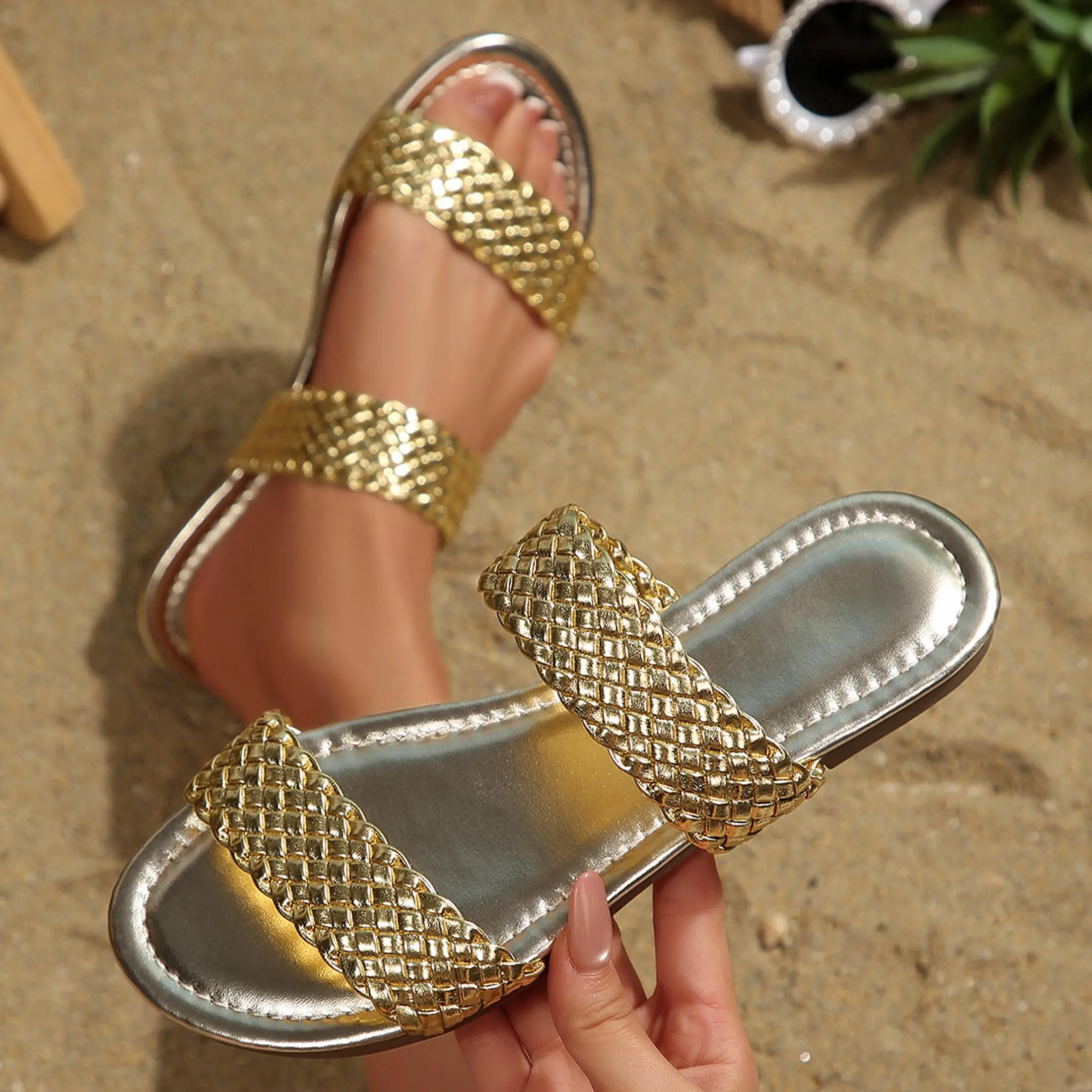 Women's Square Open Toe Slide Sandals Cute Slip on Braided Slides Flat Sandals for Summer