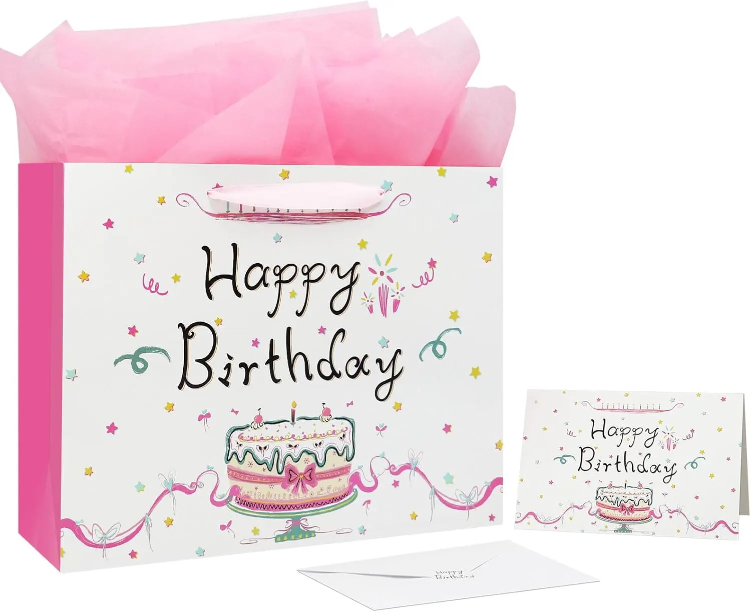 13" x 10.2" x 4.9" Synthetic Cute Print Large Durable Happy Birthday Paper Gift Bags Set with Tissue Paper & Card, Adult Party Favor Bags for Women's Party Supplies, Gifts, White Pink