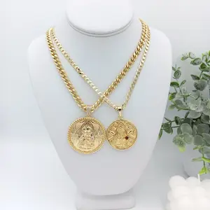 Yordy Cuban Link Chain with Santa Barbara Pendant 14K Gold Plated Unisex Heart Floral Design 23 inches Lengths for Layering or Solo Wear Glamorous Jewel Necklace
