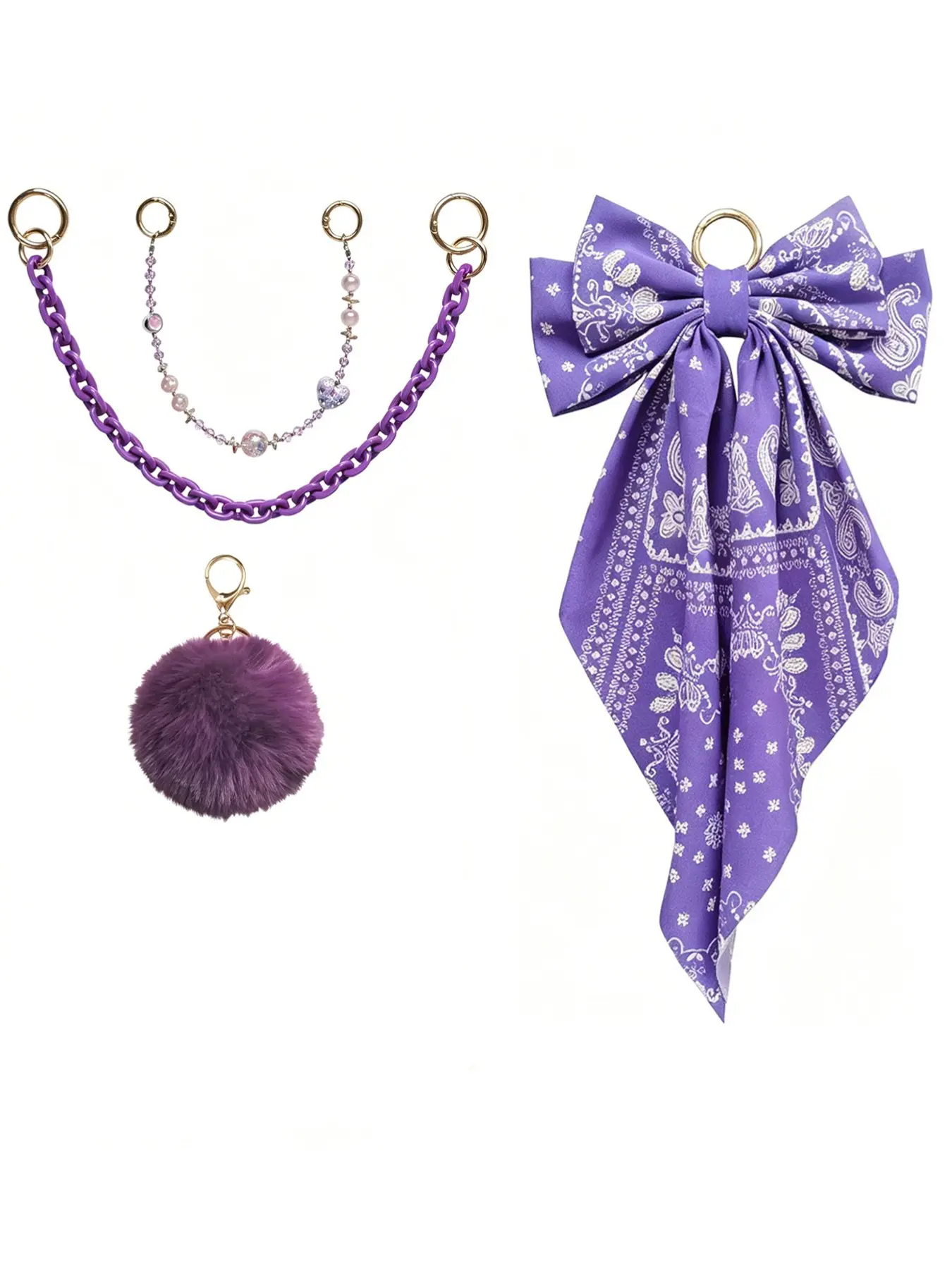 4Pcs Boho Purple Paisley Bag Charm Kit, Beaded Chain + Acrylic Chain, Fluffy Pom Pom & Paisley Bow Scarf, Cute Decorative Accessories for Women's Tote Bags, Fashion Bag Charms, Trendy Bag Charms, Purse Charms, Bag Charm Set, Bag Decoration