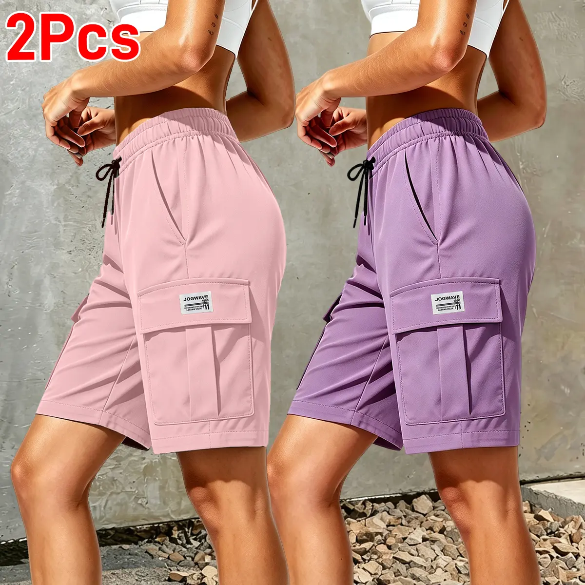 Pack of 2 women’s outdoor cargo shorts—breathable, quick-drying, multi-pocket design, solid color, drawstring elastic waistband; suitable for outdoor sports and casual wear; summer shorts, women’s shorts., back-to-school shopping
