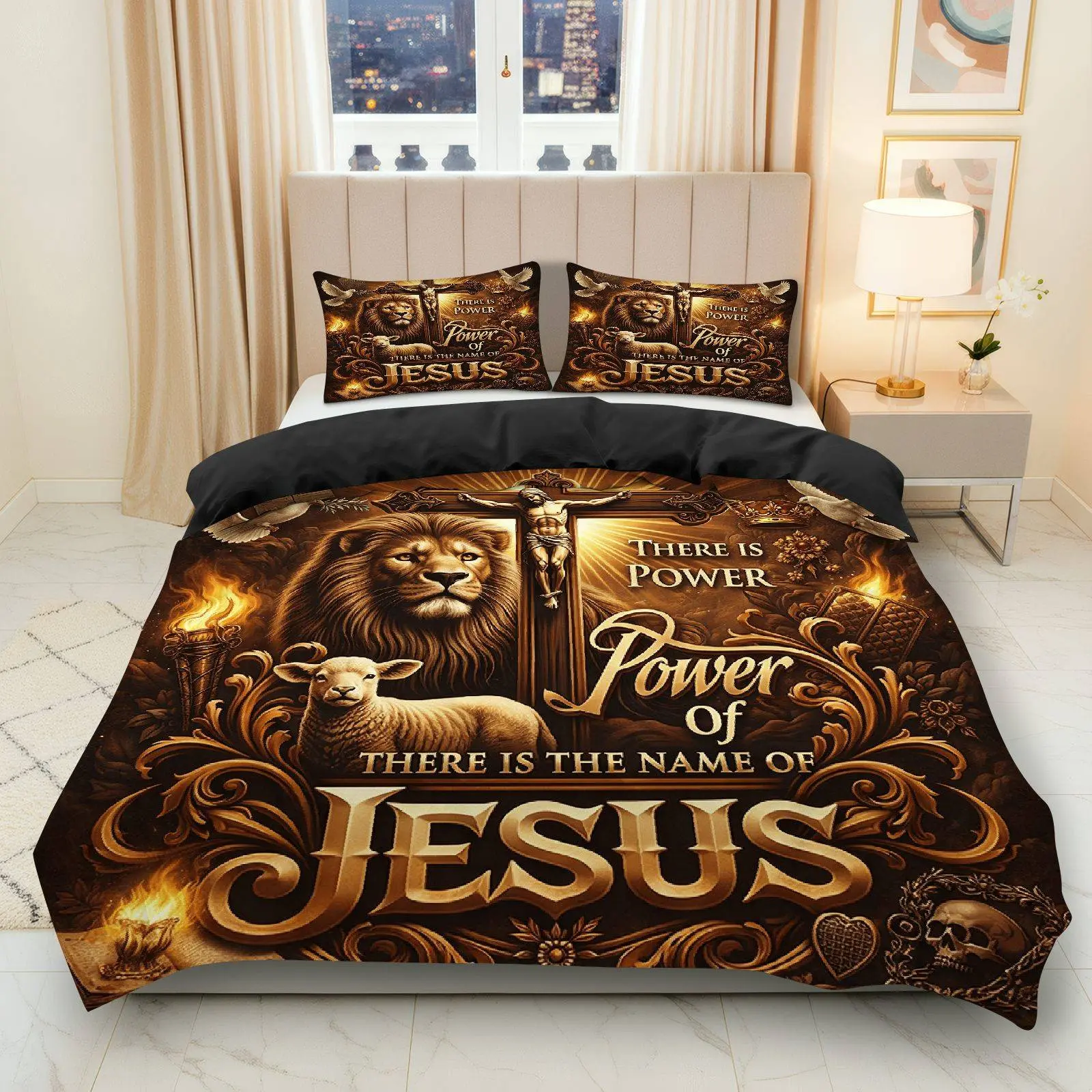 3PCS Duvet Cover Set, Decorative Duvet Cover, Bed Covers, 1 Duvet+2 Pillowcases(Without filler), Lion Sheep Christian Religious Inspirational theme, Christmas bedding set, Biblical Faith Suitable for decoration home rooms, Bed Sets