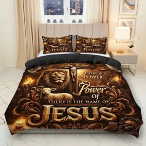 3PCS Duvet Cover Set, Decorative Duvet Cover, 1 Duvet+2 Pillowcases(Without filler), Lion Sheep Christian Religious Inspirational theme, Christmas bedding set, Biblical Faith Suitable for decoration home rooms, Bed Sets