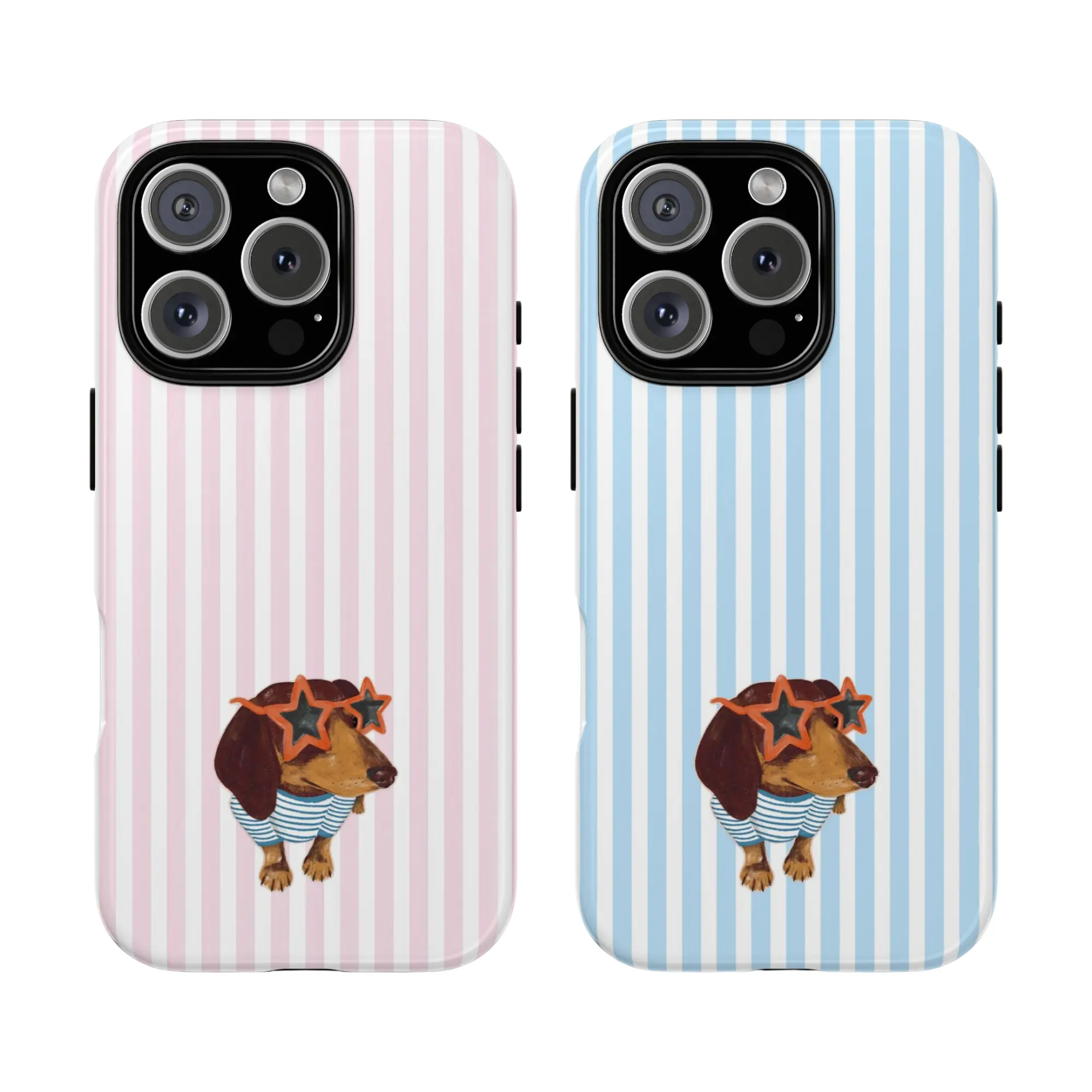 Cute Dachshund Smartphone Case - Pink & Blue Stripe Aesthetic, Dual-Layer PC-TPU Shockproof Protection, Wireless Charging Compatible, for iPhone 13,14 Pro,16,17 Pro Max & Samsung Devices, Ideal Gift