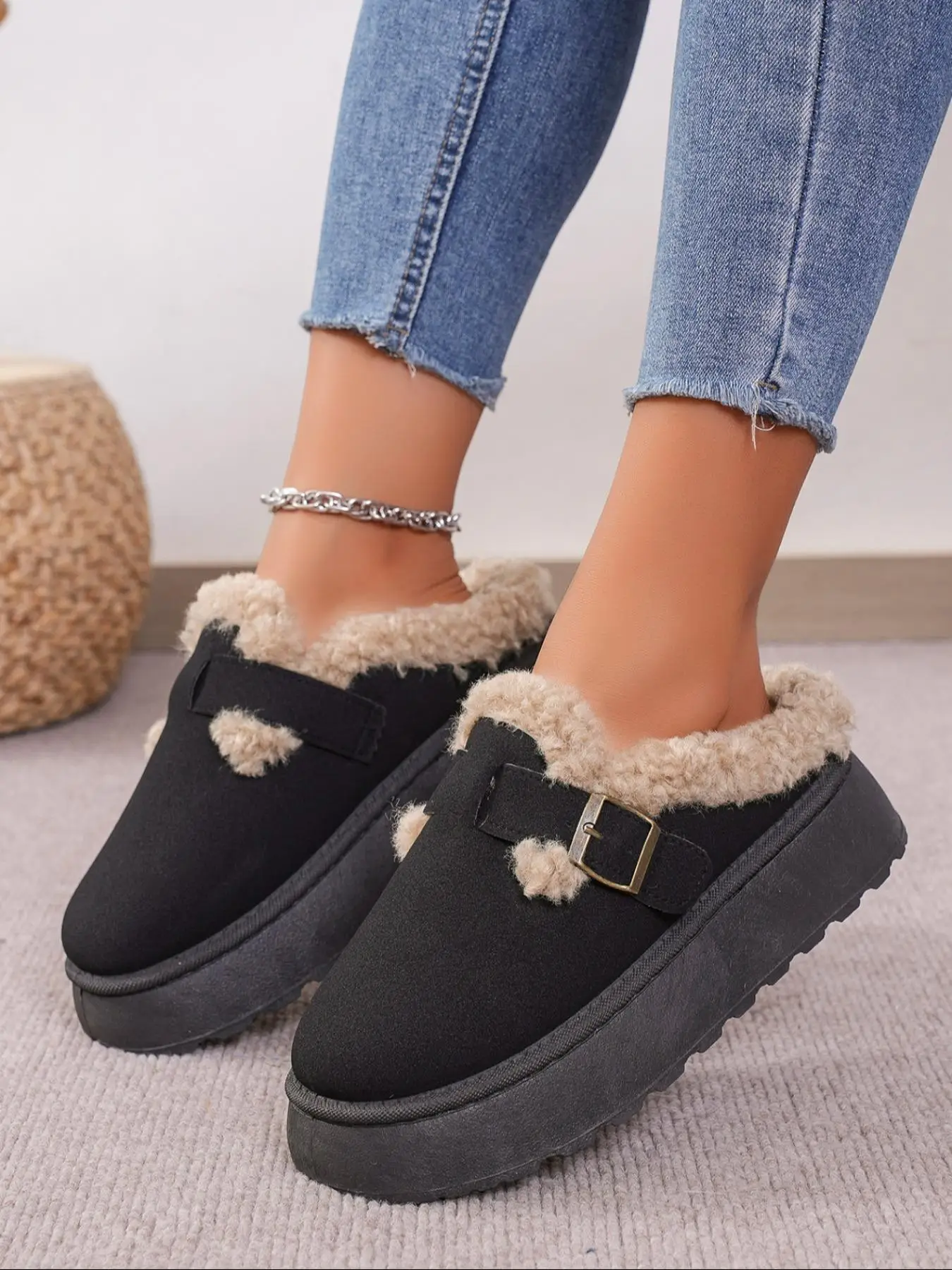 Women's Solid Color Belted Plush Slippers, Casual Soft Comfortable Home Slippers, Warm Slippers for Indoor & Outdoor Use for Winter
