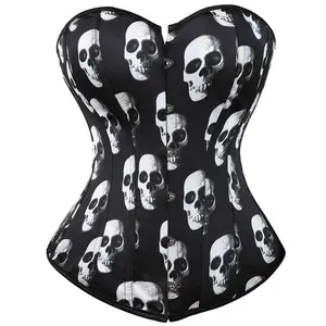 Women's Corset Overbust Bustier Top Skull Basque Gothic Showgirl Costumes Plus Size Black 808 skull-D1