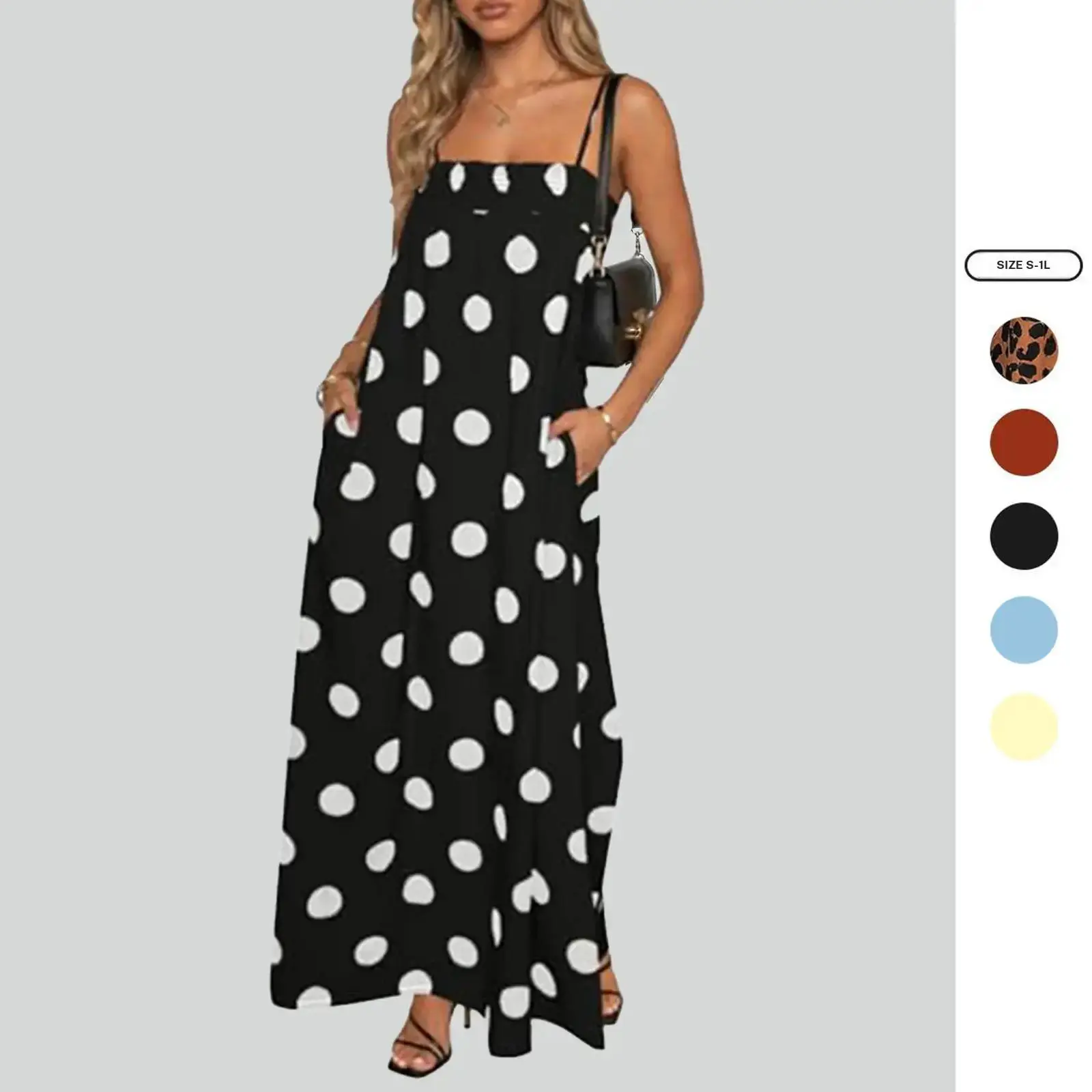 Imily Bela Womens Summer Polka Dot Maxi Dress Casual Spaghetti Strap Smocked Loose Fit Vacation Beach Dresses with Pockets Summervibes