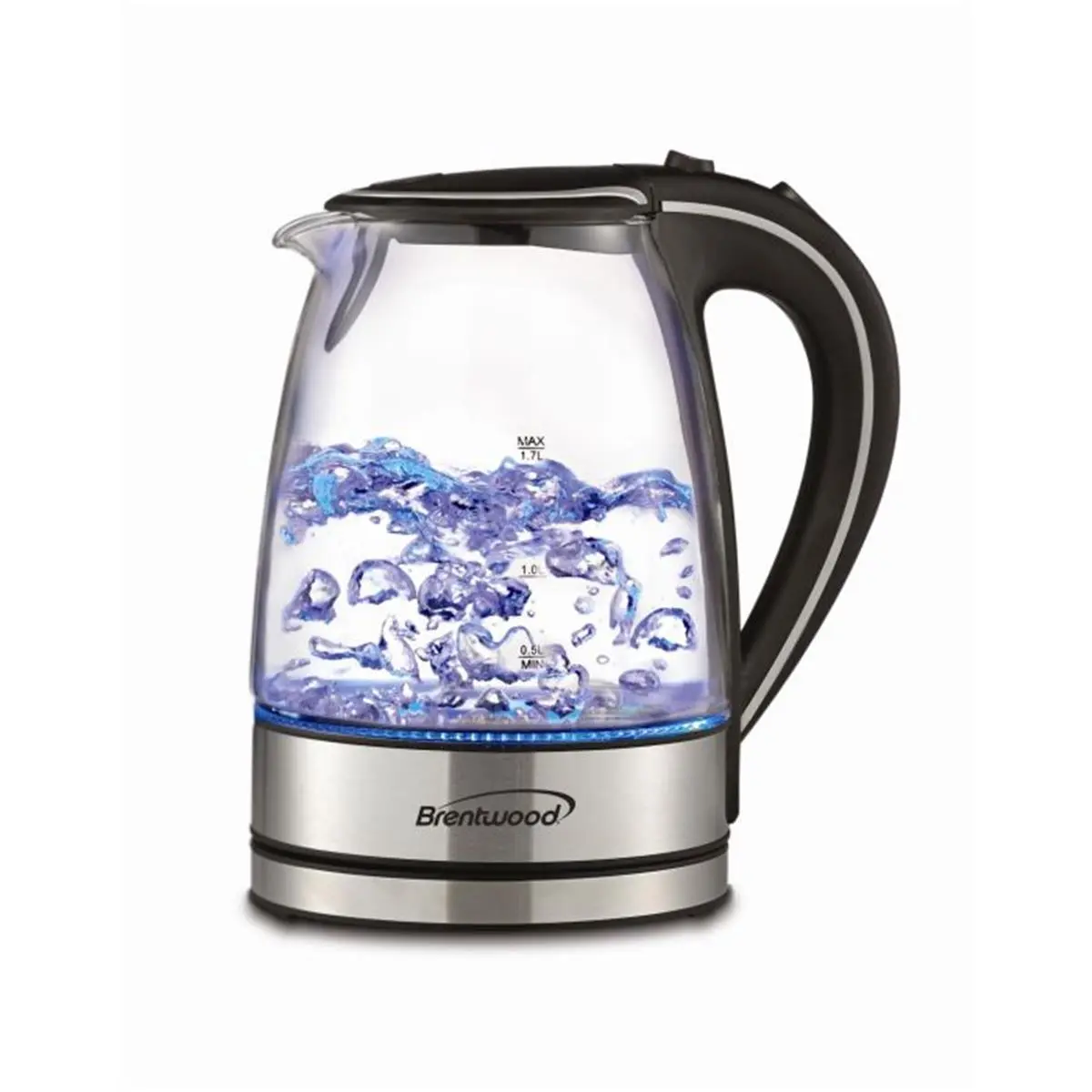 212 MAIN Tempered Glass Tea Kettle, 1.7L 1100W Portable Electric Pot with Blue LED, Cool-Touch Handle, Auto Shutoff & Swivel Base, Tempered Kettle