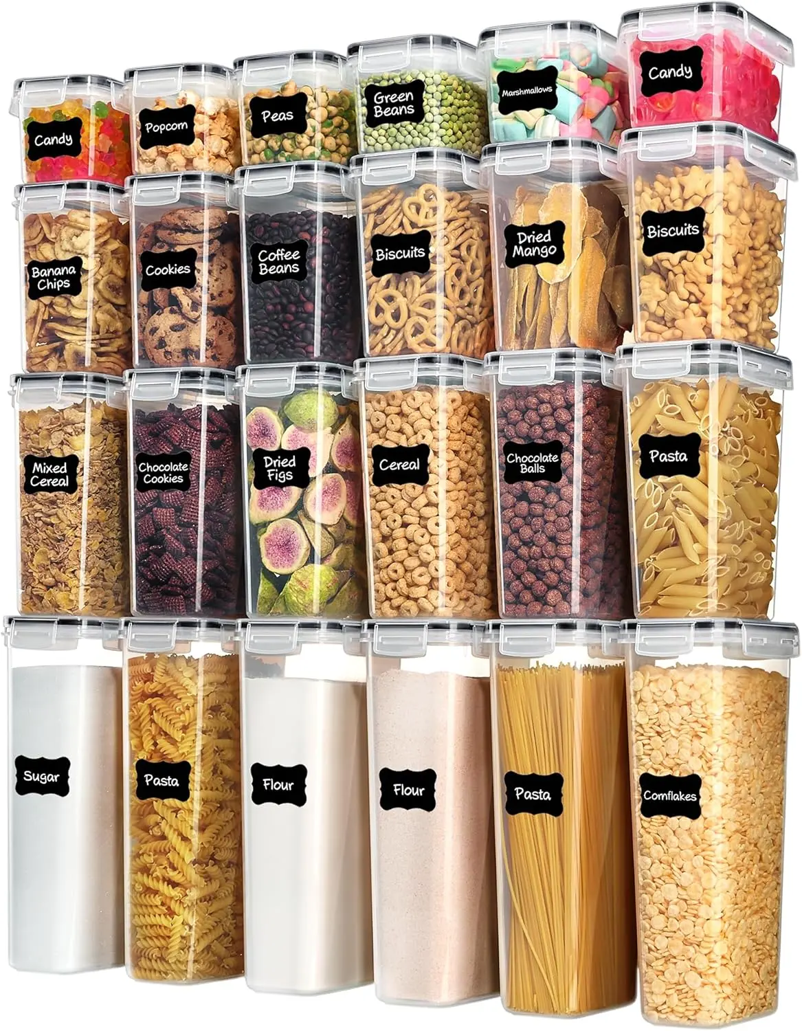 24-Piece Airtight Silicone Reusable Stackable Food Storage Containers Set with Lids, BPA-Free Plastic Kitchen & Pantry Storage Organization Canisters for Cereal, Dry Food, Includes 24 Labels, Black