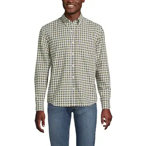 Lands' End Men's Long Sleeve Poplin Shirt - 2X Large - Olive Drab Gingham