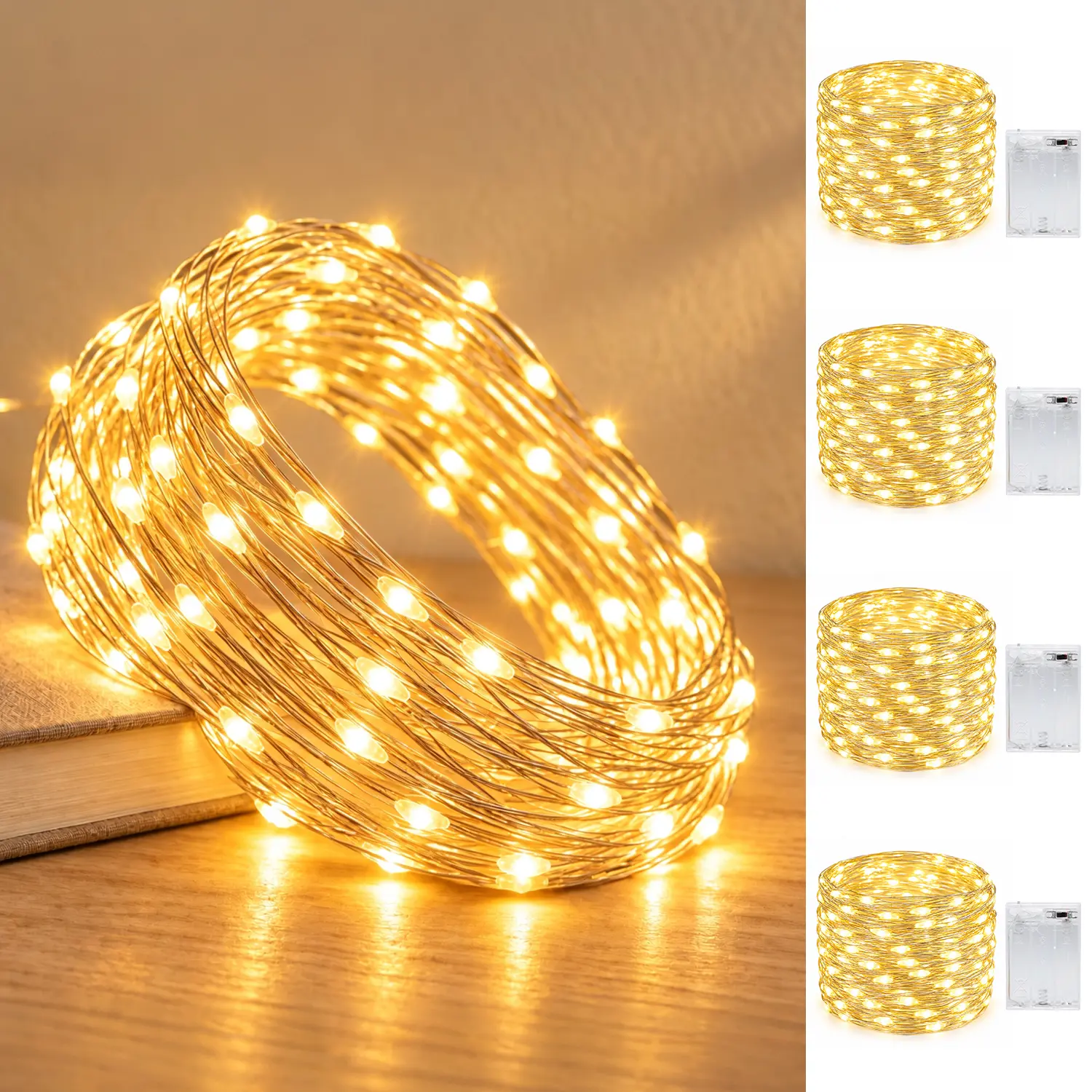 ANJAYLIA 4 Pack Fairy String Lights, 33ft 100 LED Warm White Battery Box Powered Twinkle Lights, Battery Operated Silver Wire Lights for Indoor Outdoor Bedroom Patio Garden Window Party Wedding Christmas Holiday Home Decor, DIY Centerpiece Garland Lights