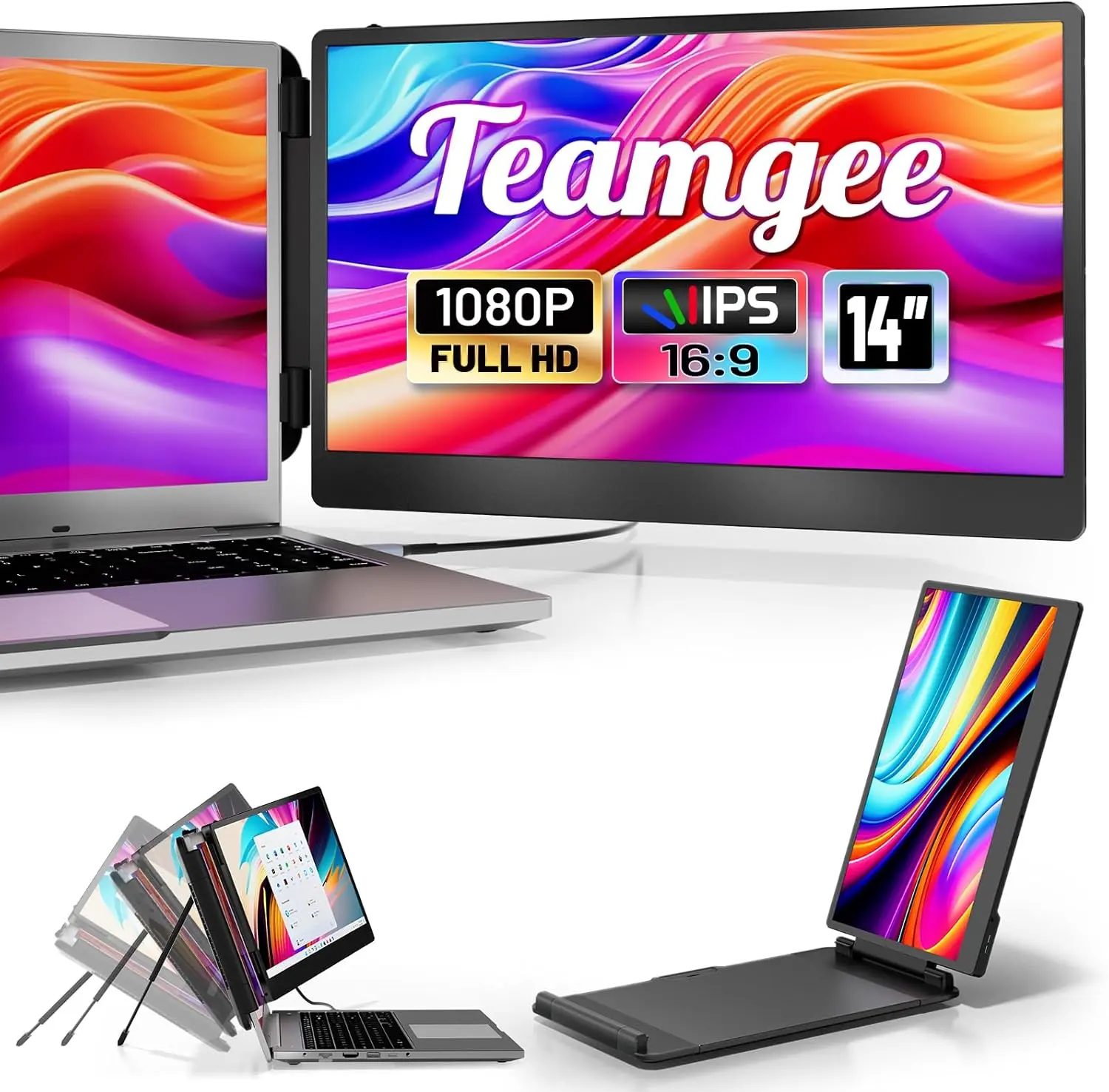 Teamgee 14” Laptop Screen Extender, S1 Dual FHD IPS Portable Monitor for 13–17” Laptops, USB-C/HDMI Plug & Play, Compatible with Windows, macOS & Android, Perfect for Hybrid Work & Travel computer accessory built-in battery