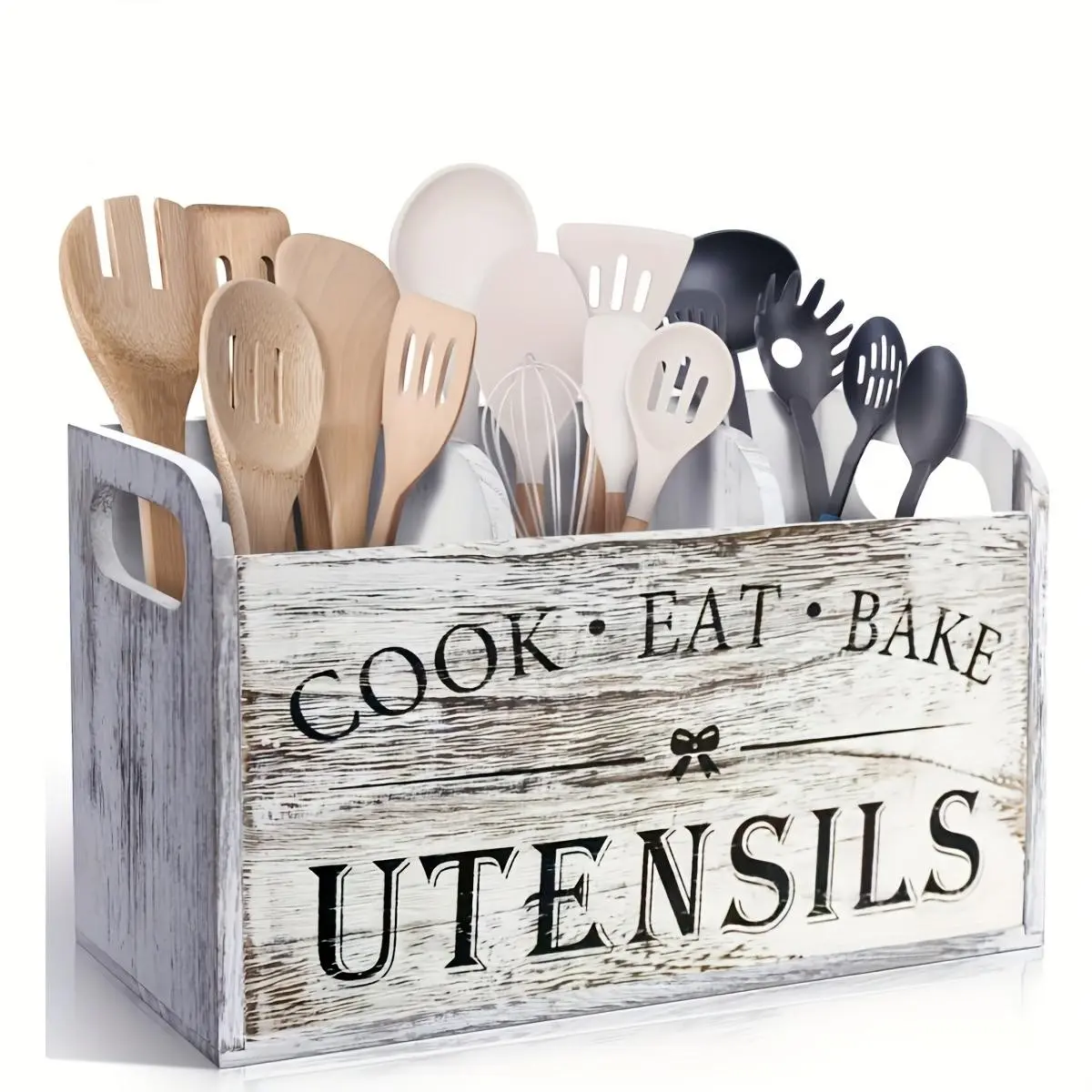 Vintage Wooden Kitchen Organizer with 3 Divided Compartments, Rustic Cutlery Holder, Cutlery Storage Box for Forks Knives and Spoons, Home Organizers, No Power Required, Ideal for Cooking Tools