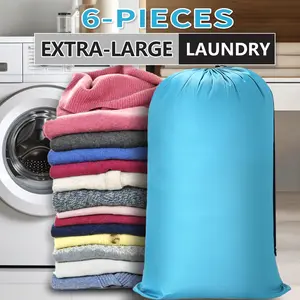6-Pieces Extra-Large Laundry Bag 24" X 39" Durable Drawstring Closure Washable Portable Folding Collapsible Ideal For Home Travel Storage Organization Easy Fit A Laundry Hamper Or Basket Travel Essentials