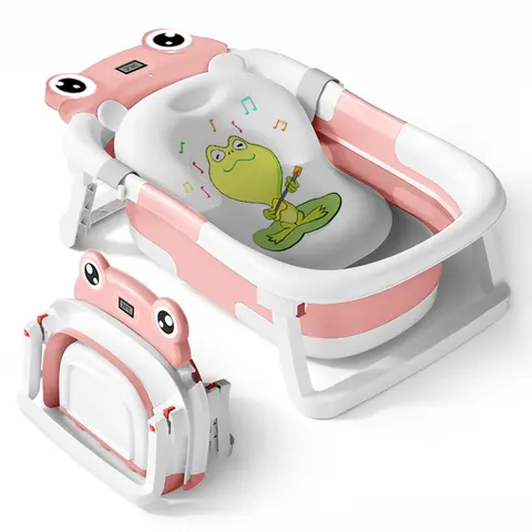 BabyBond Single Collapsible PP+TPE Bathtub - Folds Flat, High-Quality Material, Real-Time Temp Monitor, Soft Cushion, Drainage Hole, Head/Neck Cradle, Hygienic, Practical Nursery Newborn Baby Stuff, Baby Shower Gift