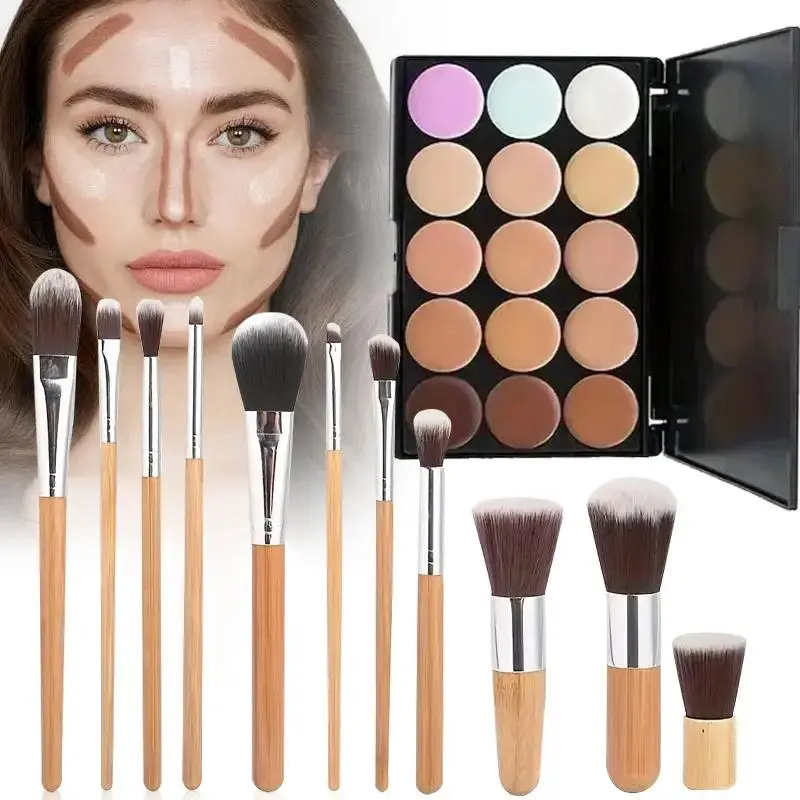 15-color Concealer Palette with 11pcs Makeup Brush Set, Long Lasting Concealer for Contouring, Highlighting & Color Correction, Daily Makeup Kit for All Skins, Color Corrector Makeup, Glow Up Kit, Make Up Sets