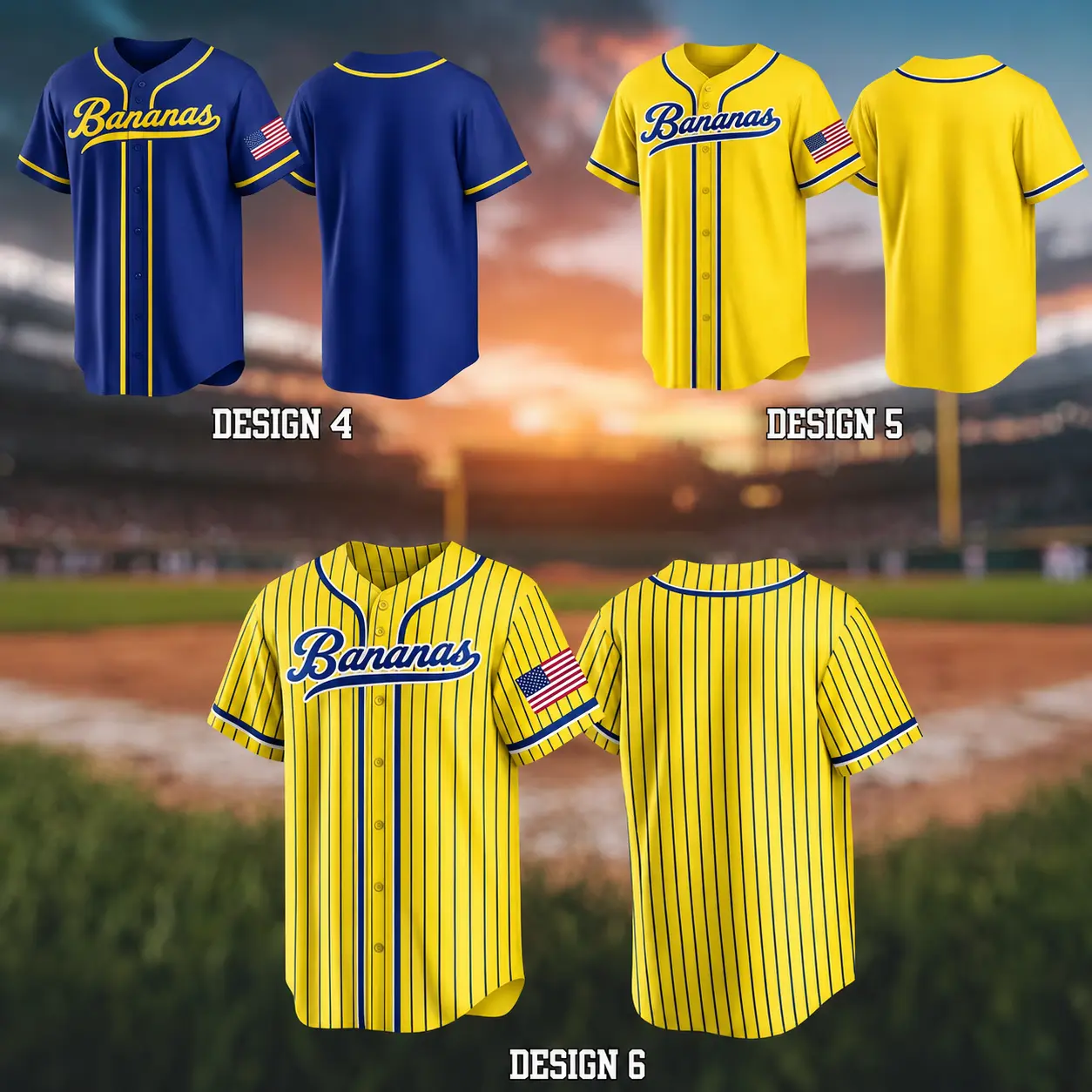 Yellow & Blue Baseball Jersey, Pinstripe Sports Shirt, Unisex Game Day Outfit, Tropical Fruit Baseball