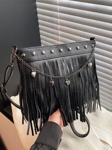 Women's Fashionable Tassel Decor Shoulder Bag, Casual Pu Leather Zipper Crossbody Chain Bag for Daily Used, Trendy Versatile High-quality Daily Commuting Bag, Crossbody Bags