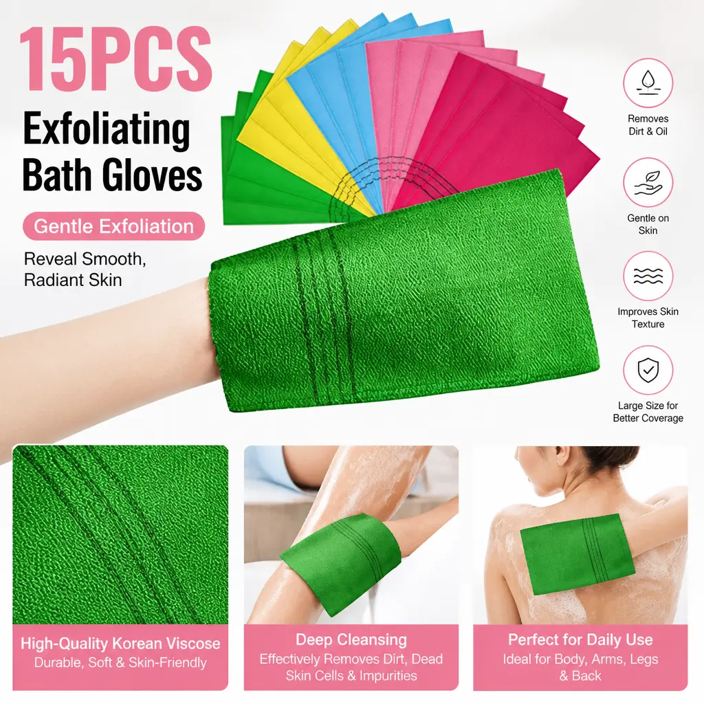 15pcs Korean Viscose Exfoliating Mitts - 9x5.5in Gentle Body Scrubbers, Fragrance-Free Colorful Bath Washcloths for Personal Dead Skin Removal, Mid Year Sale Restock Deals, Smooth