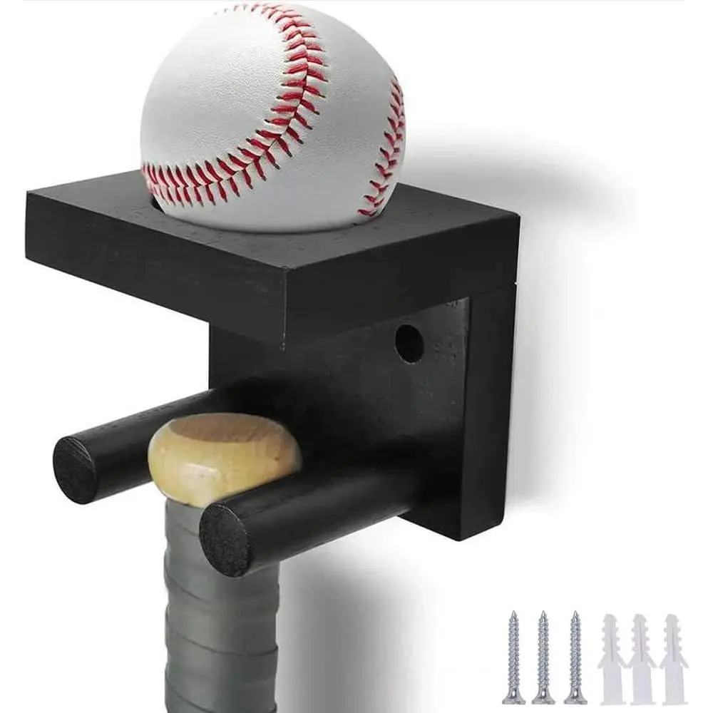 Solid Wood Baseball Bat Wall Mount Holder (3.9 x 3.5 x 3.5 inch) - Single Unit Durable Hanging Organiser for Softball Storage & Showcasing, Home Man Cave Decor, Ideal Gift for Sports Fans (Includes Screws, Anchors, Wall Hooks & Rails)