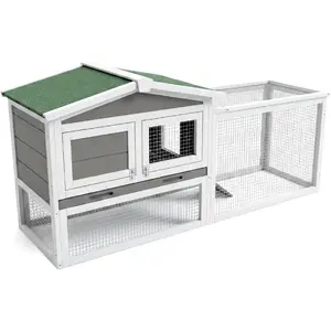 Grey Large Outdoor Rabbit Hutch, Weatherproof 2-Story Bunny Cage with Removable Wire Netting, Wooden Indoor Outdoor Pet House with No-Leak Tray, Waterproof Roof & Pull-Out Tray