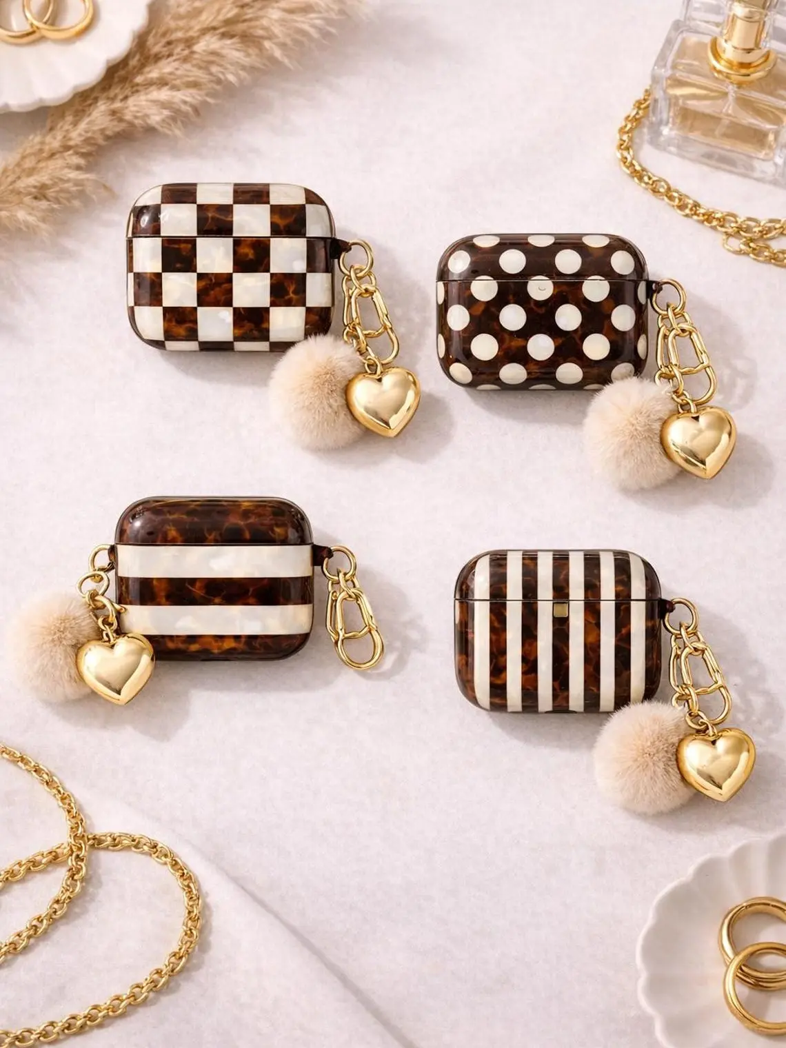Pearl, Tiger Eyes Tortoise Pattern airpod case, Stripes, Polka Dot, Checkered Cover For Airpods Gen 1 2 3 4 Accessories No Keychain included