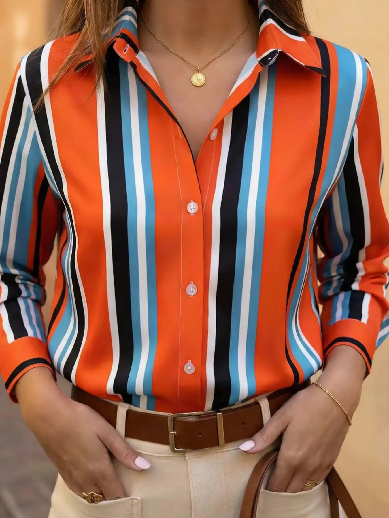 Fashion women's color-blocking vertical stripe lapel shirt, long-sleeved, Fitted, Casual Style, Casual Fitted Collared, professional commuting temperament top for women, Casual Shirts, Striped