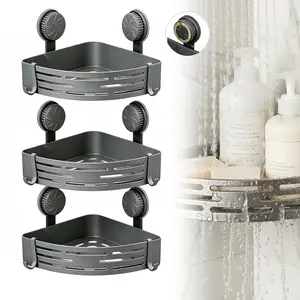 Grey Plastic Corner Shower Caddy – Bathroom Organization Shower Bath Tool with Twist-Lock Suction Cups, Pre-Applied Adhesive Layer, No-Drill Wall Installation, Sturdy Design, Easy Setup for Water-Resistant Bathroom Storage & Decor