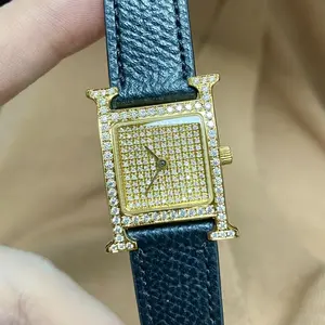 Hermes Vintage Quartz Gold Plated 21mm Custom Full Diamond Dial & Diamond Watch 22385937