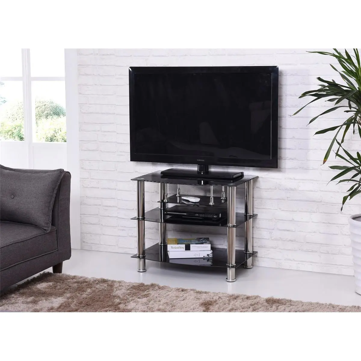 212 MAIN Modern Tempered Glass Entertainment TV Stand with TV Wall Mount, 4-Shelf Television Console Table, Bird Eye UV Finish, Wire Management Indoor Furniture Piece