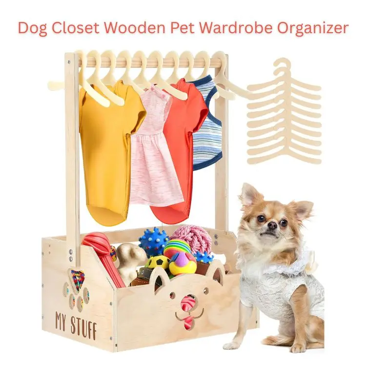Dog Closet Wooden Pet Wardrobe Organizer – Pet Clothes Storage Cabinet with Hanging Rack & Toy Storage Bin, Dog Apparel Organizer for Cats & Dogs, 19 x 13 x 9 Inch