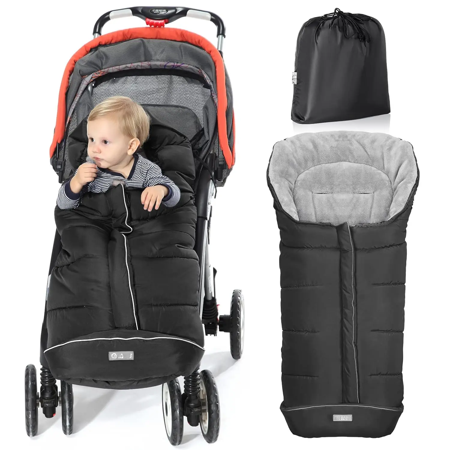Warm Bunting Bag Universal, Stroller Sleeping Bag Cold Weather, Waterproof Toddler Footmuff (Black, Large)