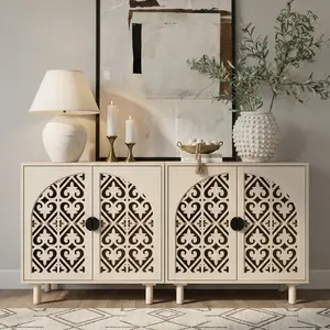 YMW kitchen Decorative Storage Cabinet Sideboard 2 Doors with Hollow Carved Panels  Natural Wood for Modern Homes.for Kitchen,Bedroom, Living Room, Entryway