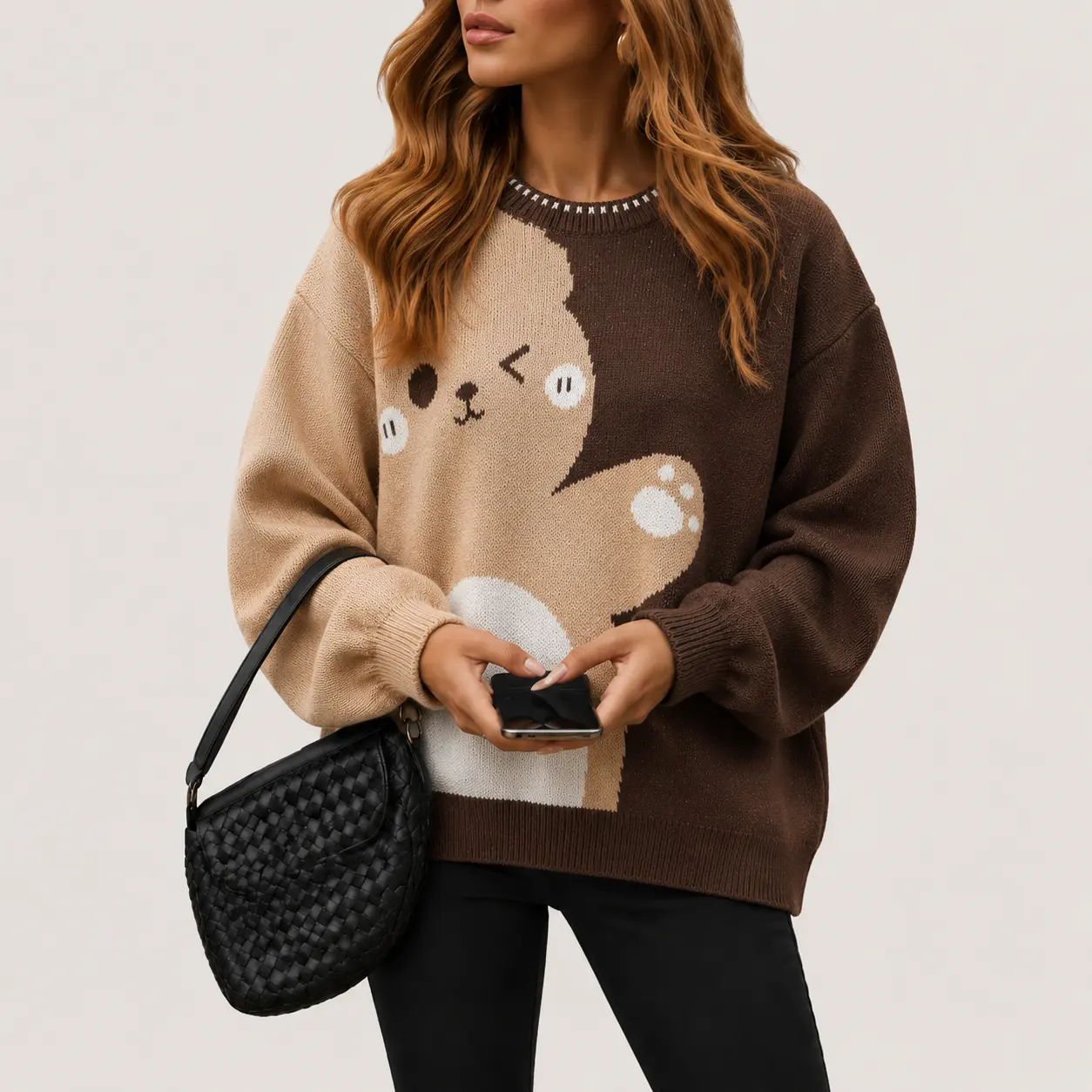 Womens Oversized Cute Bear Graphic Sweater Kawaii Animal Pattern Color Block Knit Pullover Crewneck Long Sleeve Tops Boyfriend Fit Soft Cozy Y2K Streetwear Fall Winter Casual Knitted Jumper Everyday Loungewear Brown Grey Size S M L XL