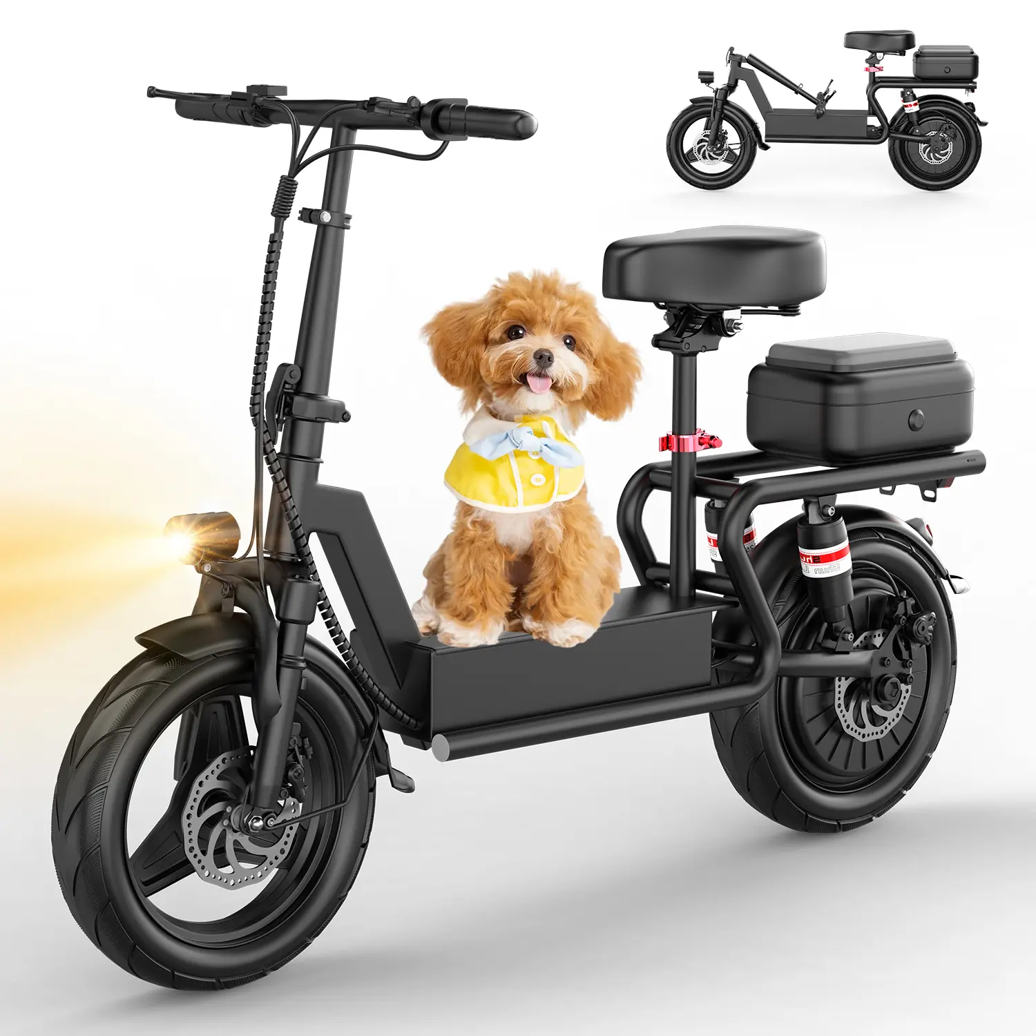 PIKABIKE GT11 Electric Scooter Adults, 1200W Peak Motor, 48V 20Ah battery，20-40 Miles of Range Scooter with Seat, 25MPH Top Speed, Foldable Escooter with Rear Box/Basket for Pets and Cargo, Dual Suspension for Commuting