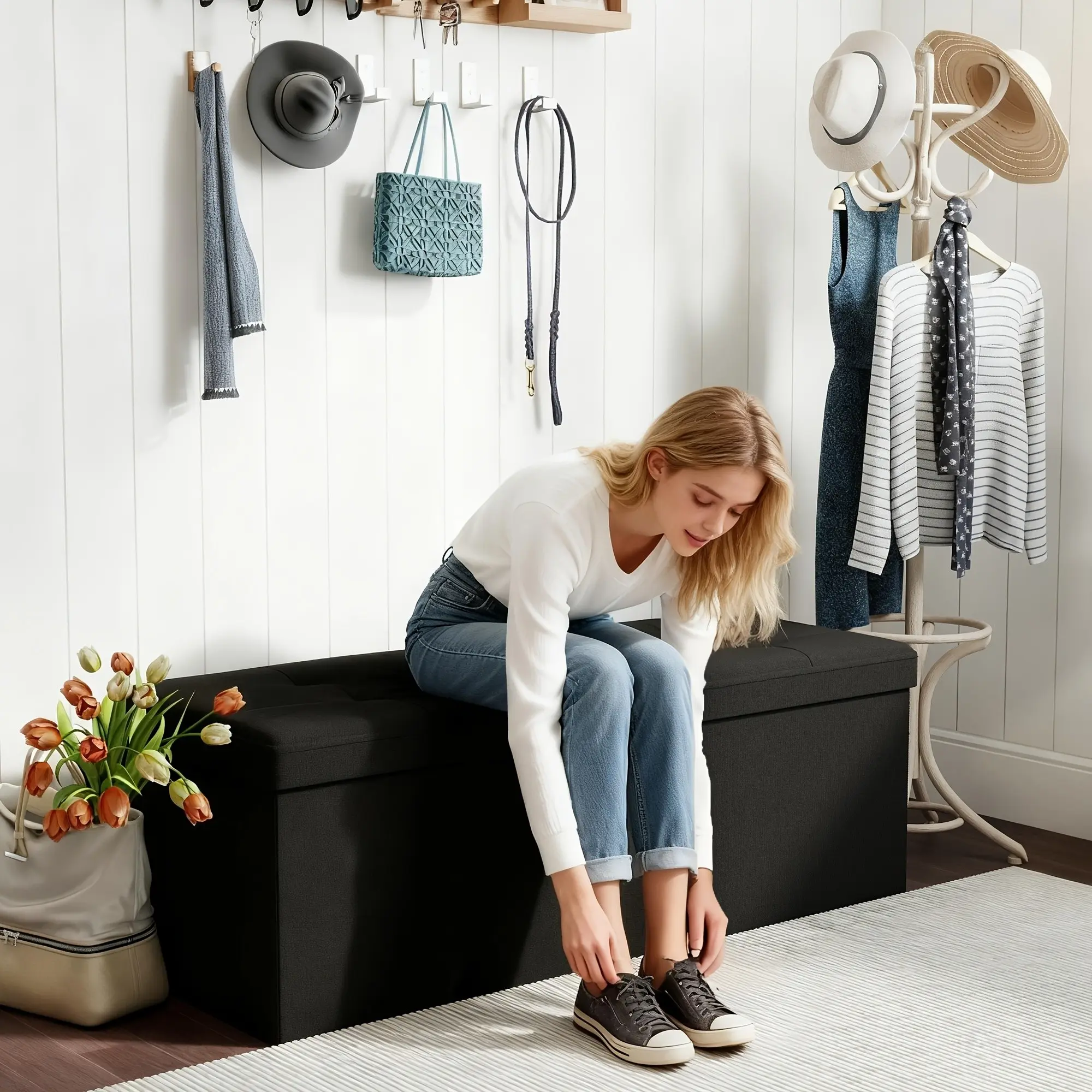 Leather Or Linen Ottoman Storage Bench, Extra Large Upholstered Ottoman Storage Bench, Ideal For Closet, Living Room, Bedroom, And Entryway, 3 Sizes And 3 Colors