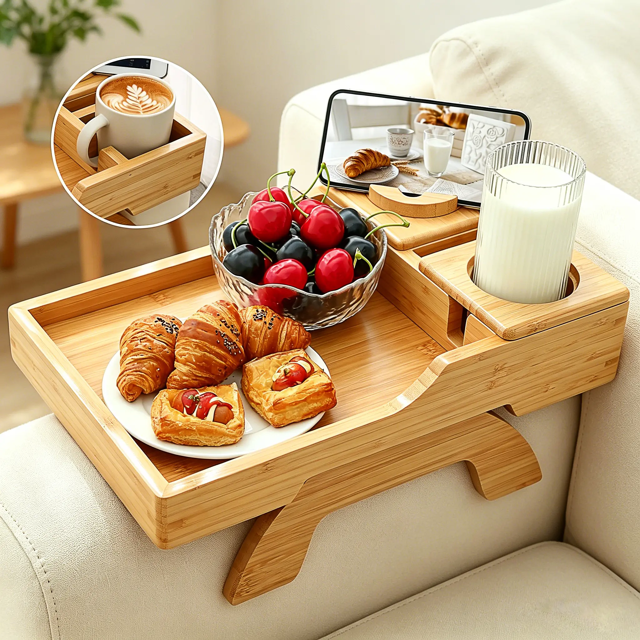 4-in-1 Bamboo Rectangle Living Room Sofa Armrest Tray - Clip-On Cup Holder, 360° Rotatable Phone Stand, Anti-Slip Snack+Remote Caddy, Spill-Free Sipping, Fits 2.8" Cans/13" Arms, Most Sofa Types, Desk/Coffeetable Compatible, Ideal Spouse Gift