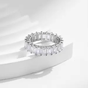 Luminous Shiny Full Eternity Band Ring with Baguette Cut Cubic Zirconia, Hypoallergenic Waterproof Stackable Jewelry, Elegant Bridal Accessory, Ideal Wedding Engagement Promise Band, Trendy Daily Wear Party Anniversary Birthday Holiday Gift for Women