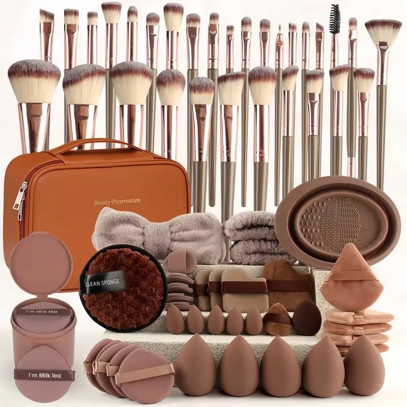 75-Piece Synthetic Makeup Brush Set - Coffee Brown Full Face & Eyeshadow Blending Kit with Makeup Sponges, Powder Puffs, Cleaning Tool, Travel Case - Professional Beauty Tools for Beginners