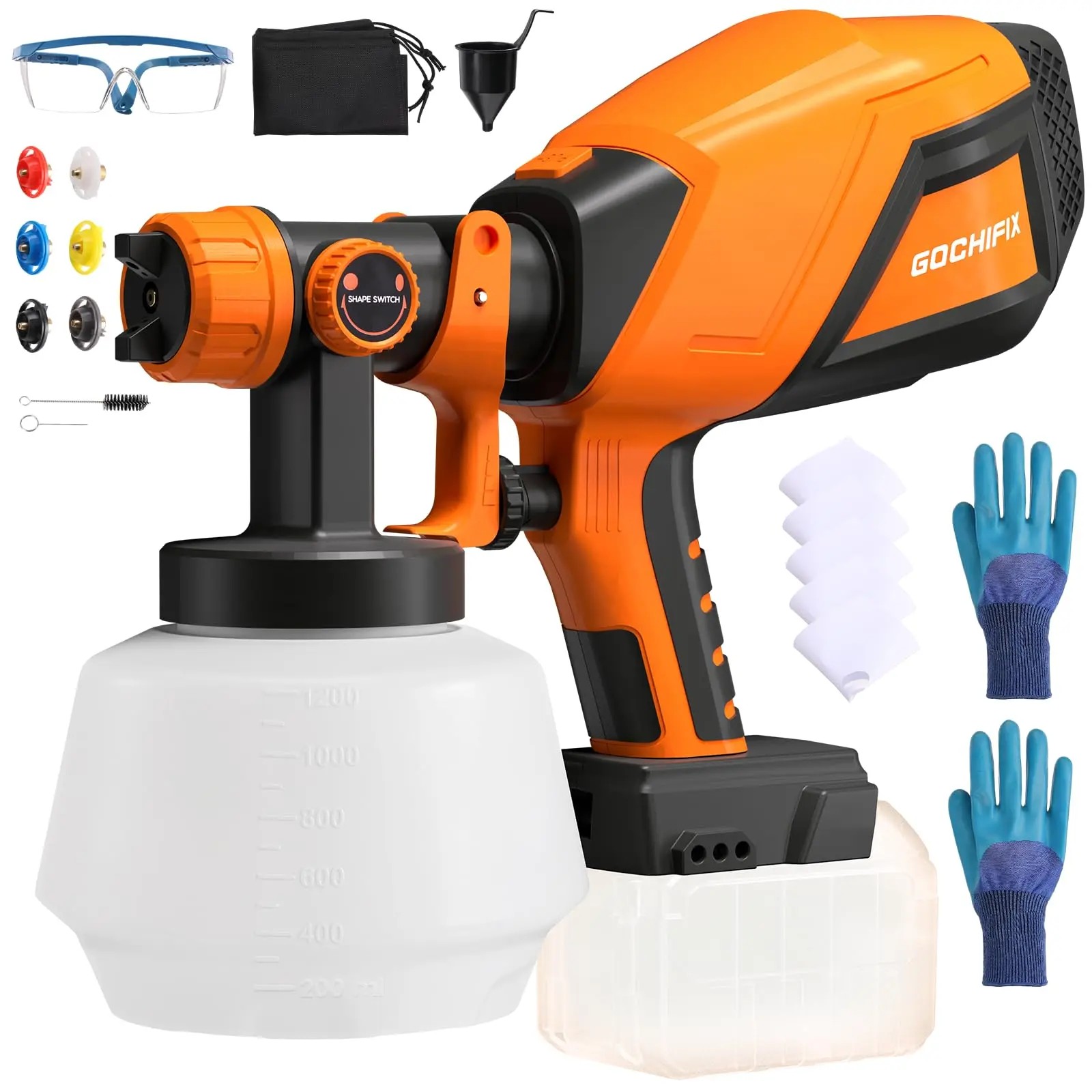 Cordless HVLP Electric Paint Sprayer for Milwaukee 18V Battery (Not Included) - 6 Nozzles, 1200ml Container, Toolfree Head Swap, Adjustable Flow/Width, Easy to Clean, for House Painting, Furniture